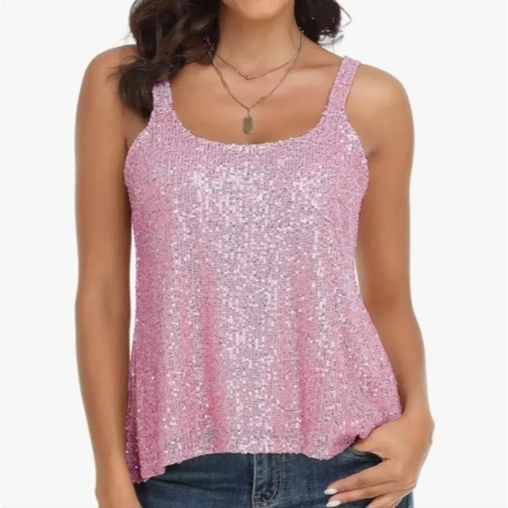 PrettyGuide | Women's Pink All Sequin Loose Flowy  Sparkly Camisole